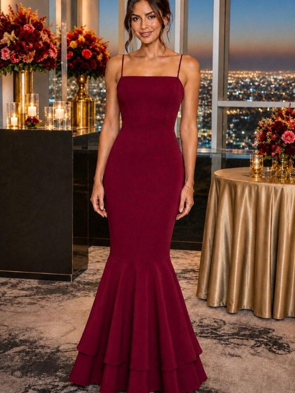 Showpo Long Burgundy Formal Mermaid Maxi Dress Women 2 Cocktail Gala Tiered Hem